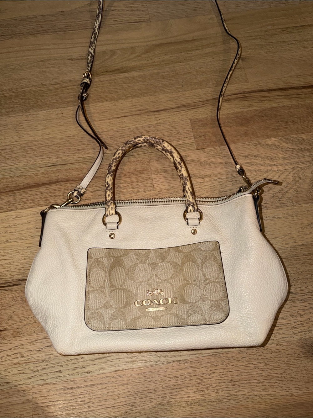 Coach Cream Leather Crossbody Satchel with Signature Canvas Pocket